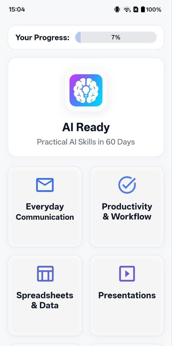 AI Ready app home screen showing practical AI skill tracks for professionals